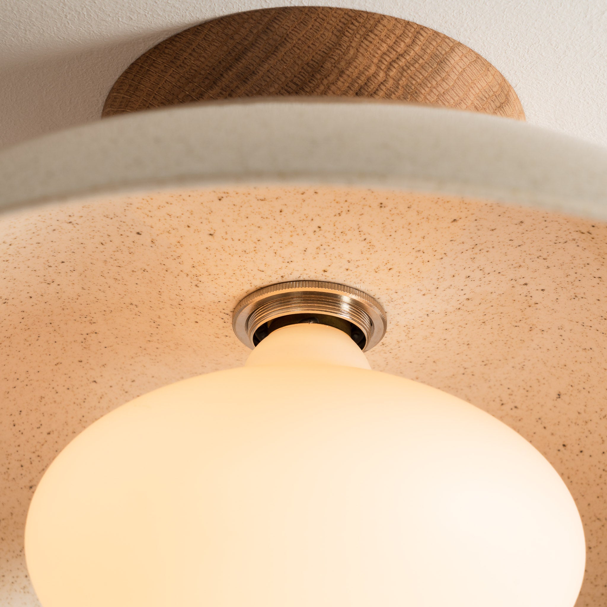Speckled Cream Gloss Dawn Flush Mount Ceiling Light in Ceramic and Oak