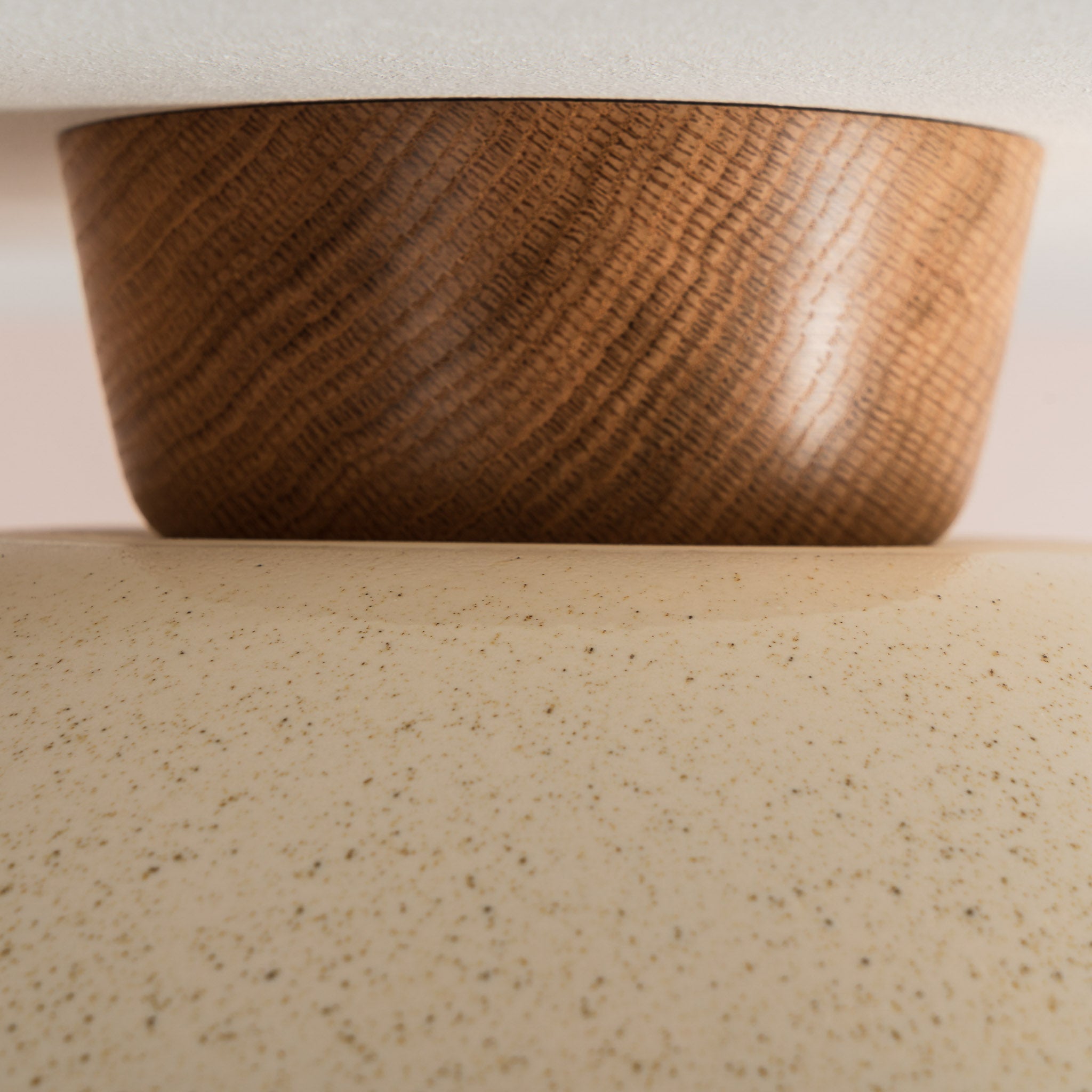Speckled Cream Gloss Dawn Flush Mount Ceiling Light in Ceramic and Oak