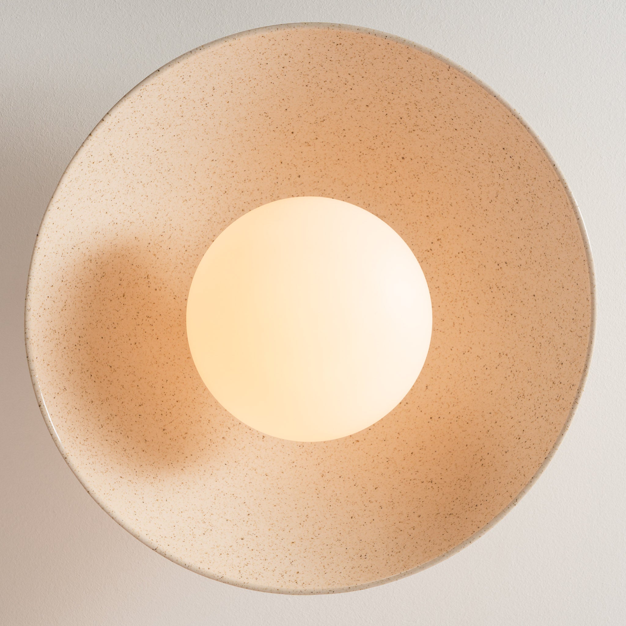 Speckled Cream Gloss Dawn Flush Mount Ceiling Light in Ceramic and Oak