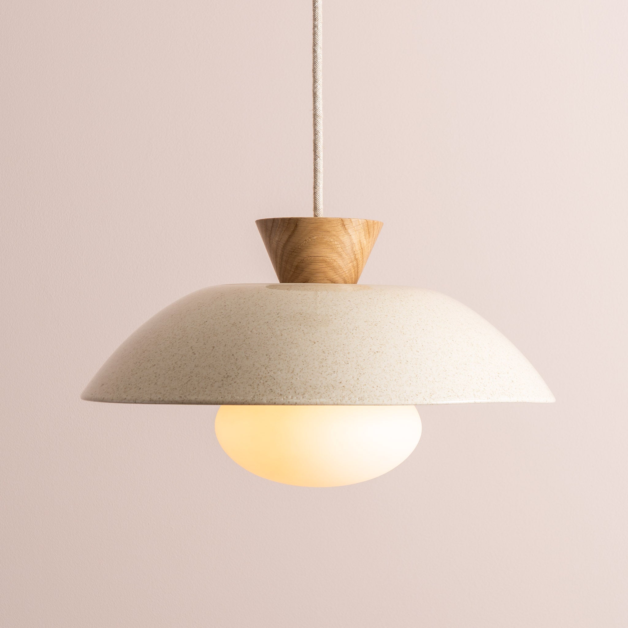 Speckled Cream Gloss Dawn Pendant Light in Ceramic and Oak