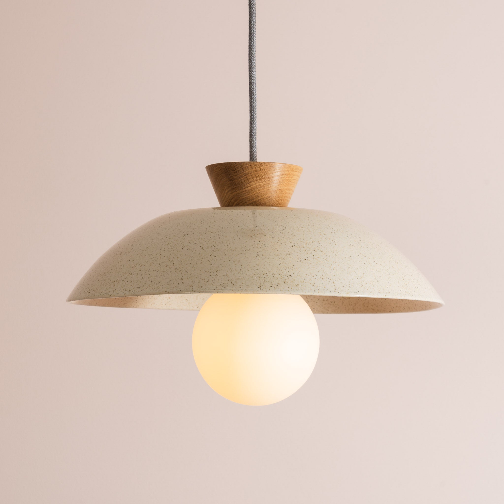 Speckled Cream Gloss Dawn Pendant Light in Ceramic and Oak