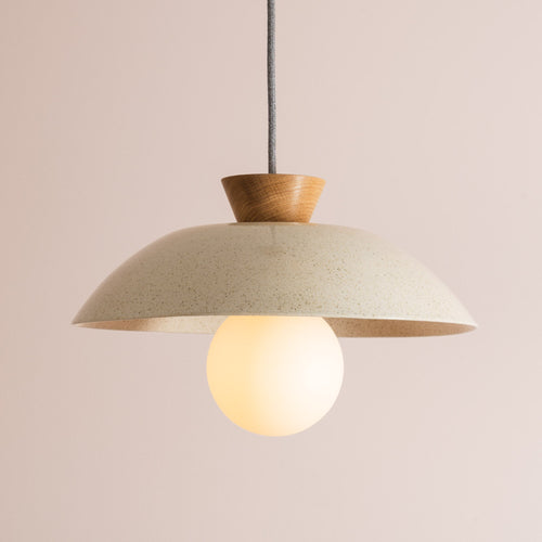 Speckled Cream Gloss Dawn Pendant Light in Ceramic and Oak