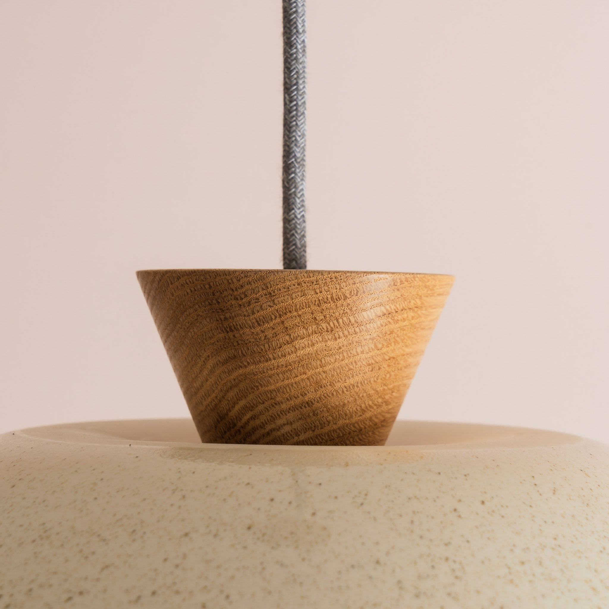Speckled Cream Gloss Dawn Pendant Light in Ceramic and Oak