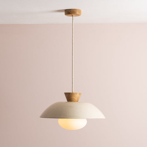 Speckled Cream Gloss Dawn Pendant Light in Ceramic and Oak