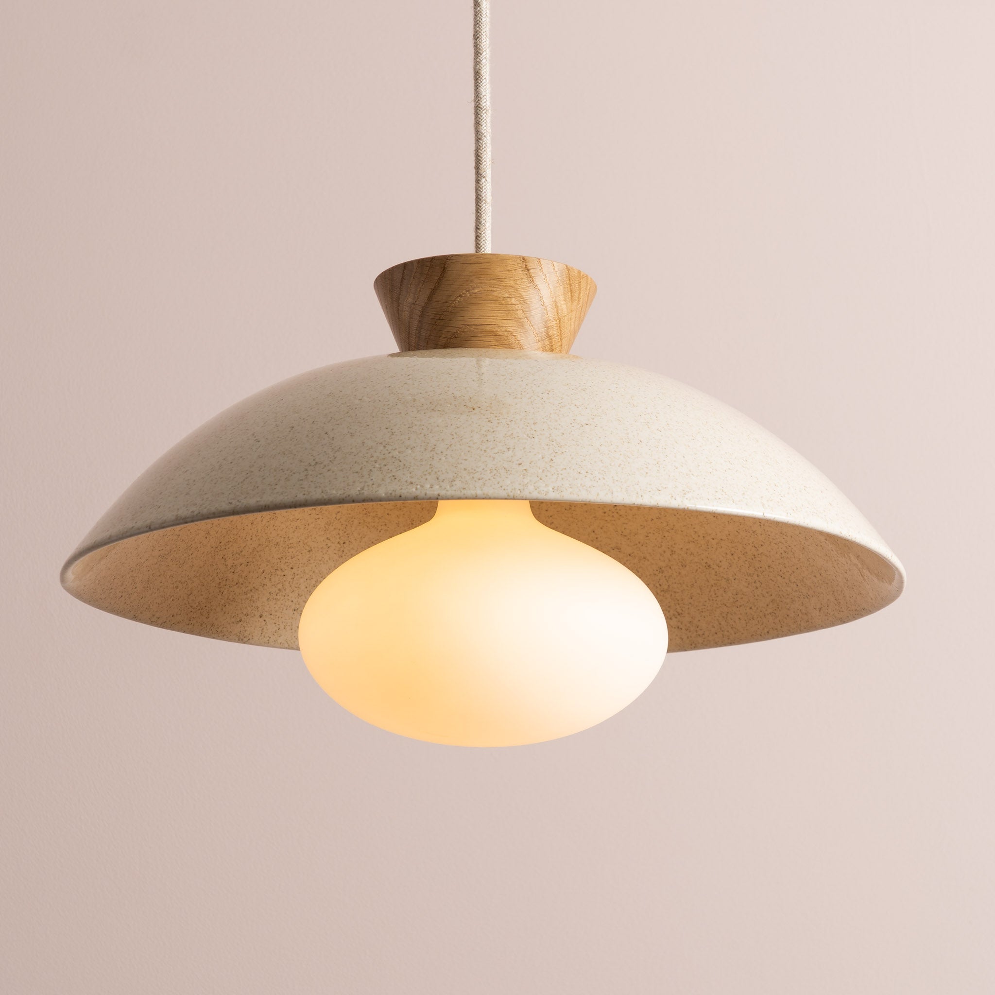 Speckled Cream Gloss Dawn Pendant Light in Ceramic and Oak