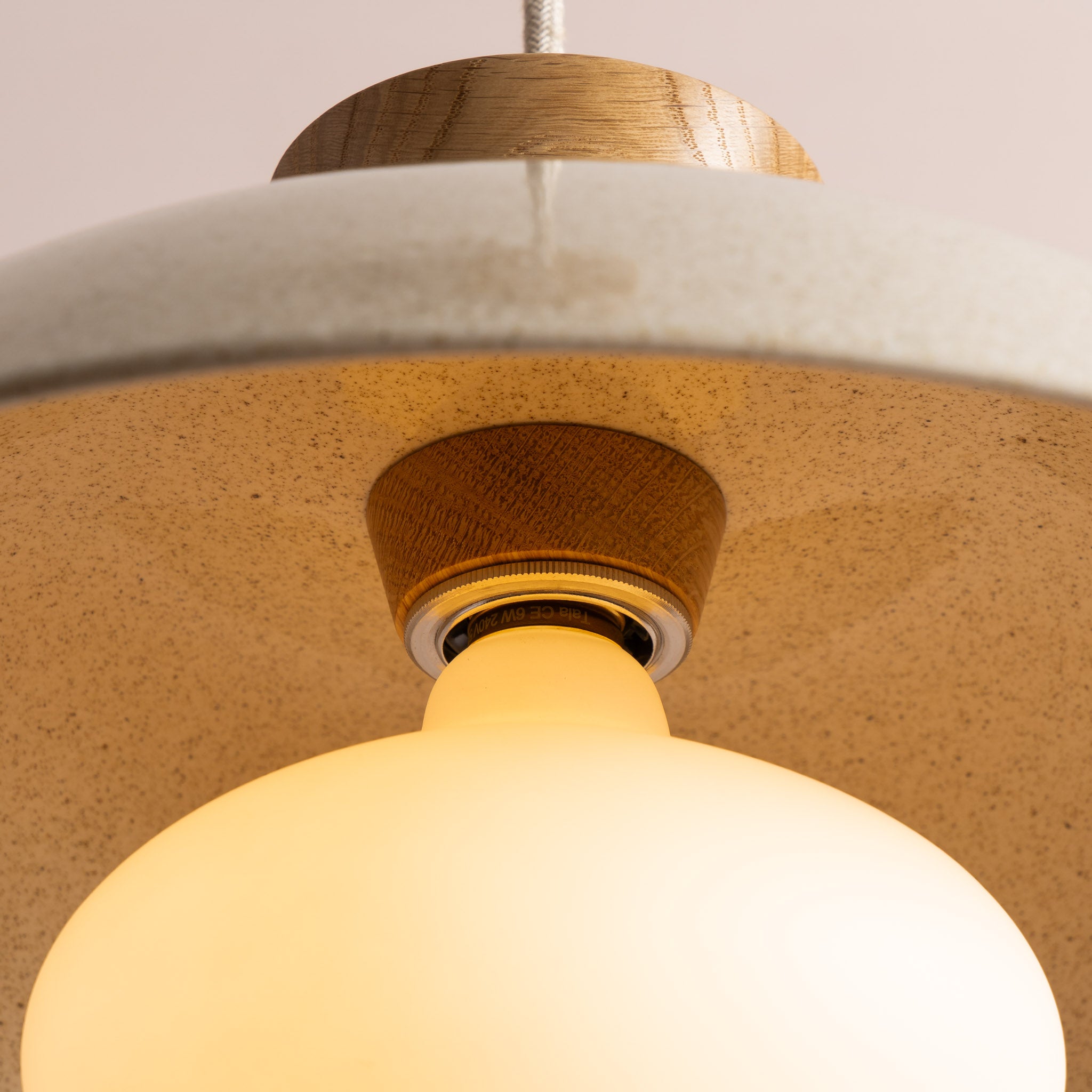 Speckled Cream Gloss Dawn Pendant Light in Ceramic and Oak