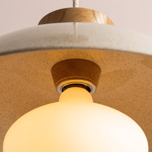 Speckled Cream Gloss Dawn Pendant Light in Ceramic and Oak