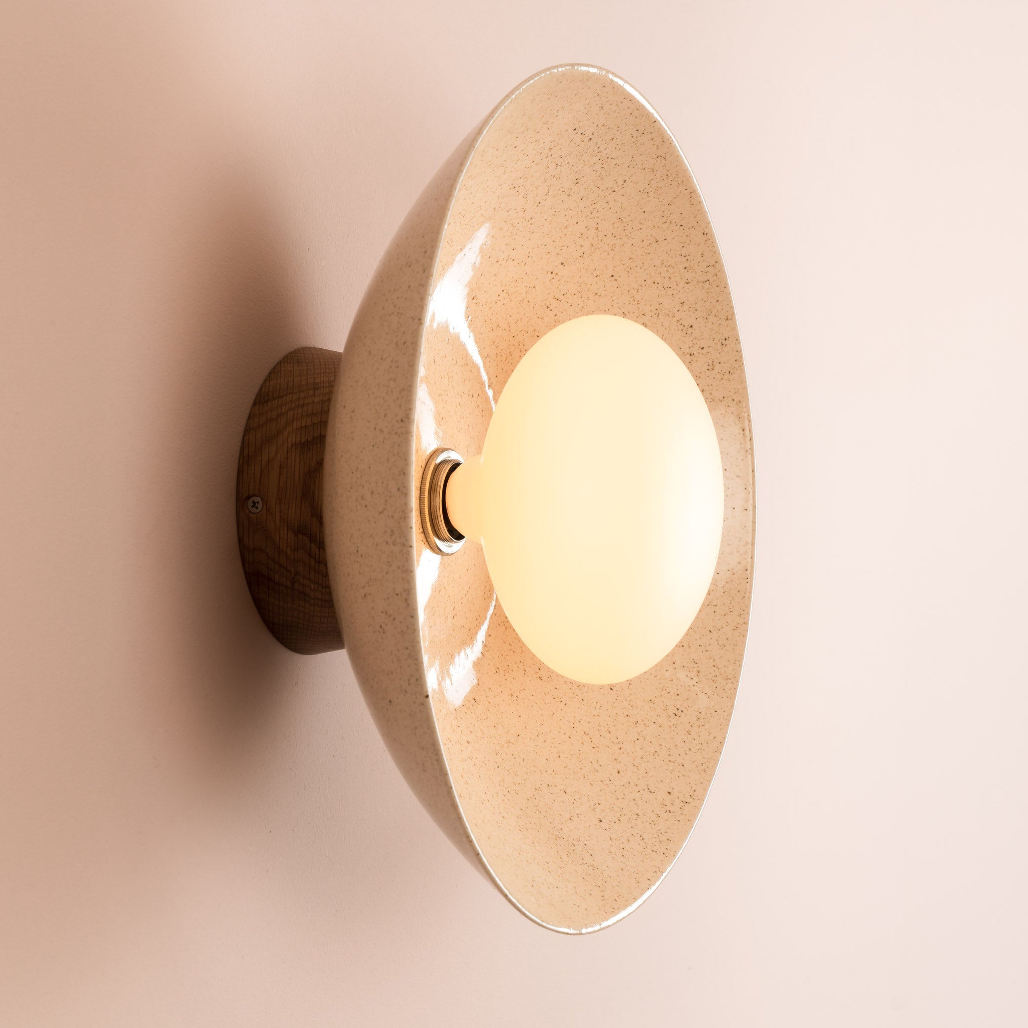 Speckled Cream Gloss Dawn Wall Light Sconce in Ceramic and Oak