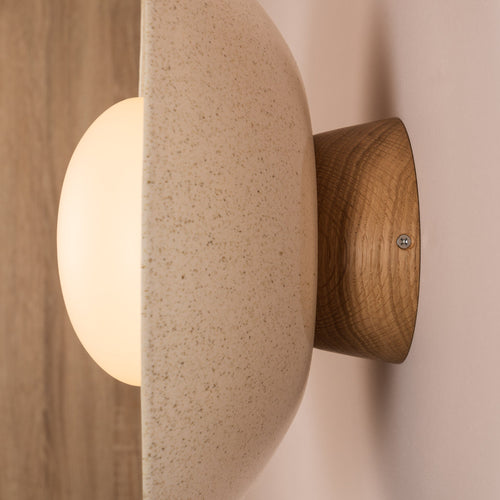 Speckled Cream Gloss Dawn Wall Light Sconce in Ceramic and Oak