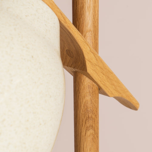 Speckled Cream Gloss Element Floor Lamp in Solid Oak Wood and Ceramic