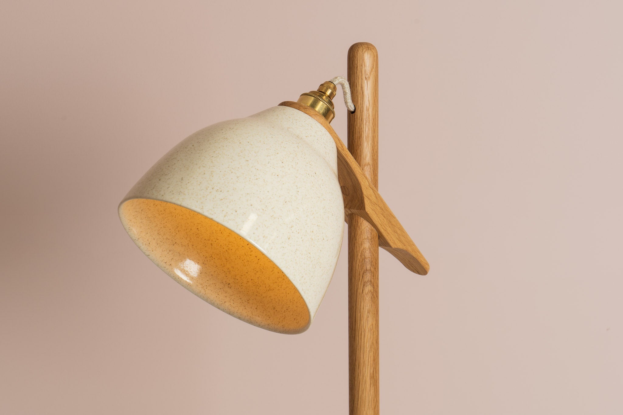 Speckled Cream Gloss Element Floor Lamp in Solid Oak Wood and Ceramic