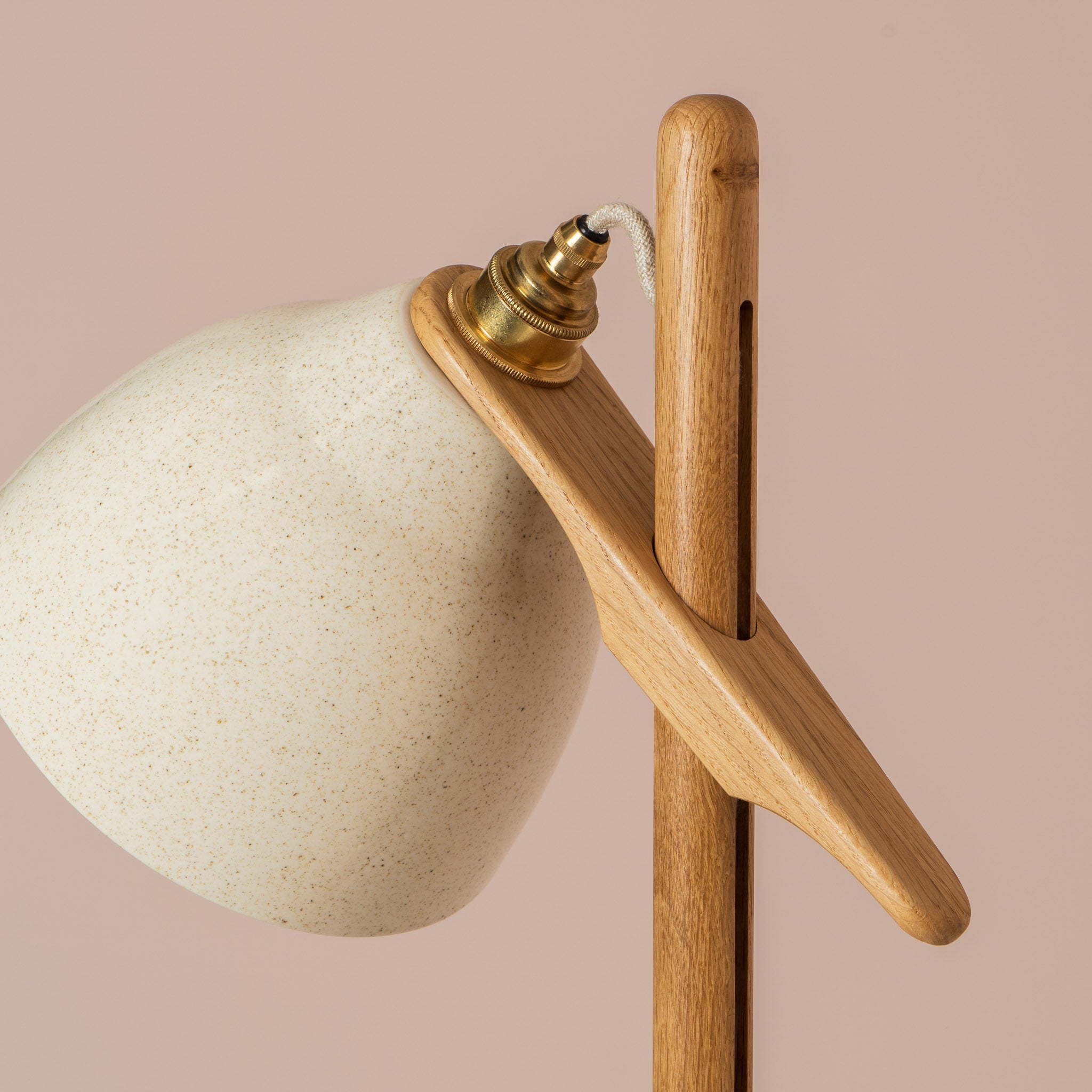Speckled Cream Gloss Element Floor Lamp in Solid Oak Wood and Ceramic