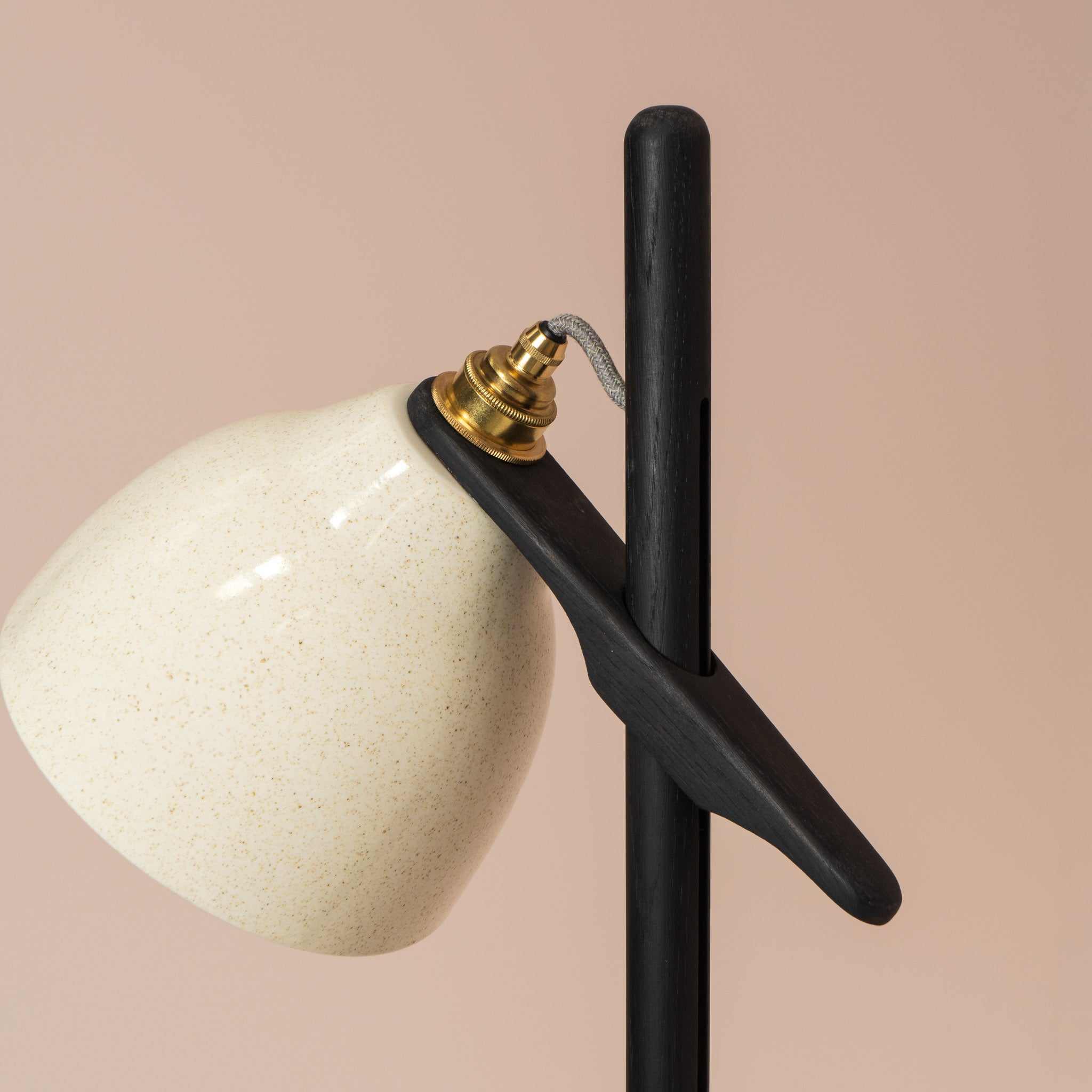 Speckled Cream Gloss Element Floor Lamp in Solid Oak Wood and Ceramic