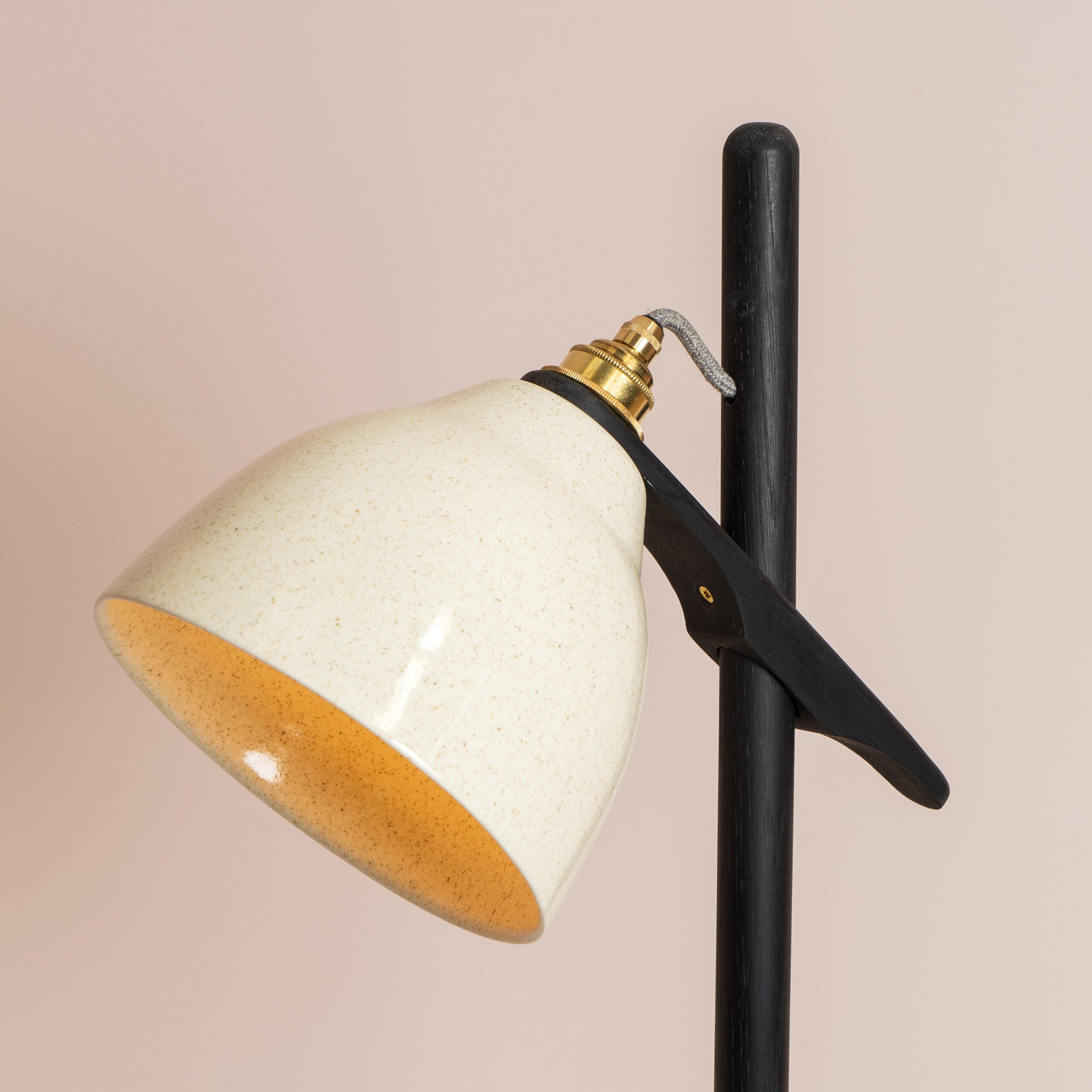 Speckled Cream Gloss Element Floor Lamp in Solid Oak Wood and Ceramic