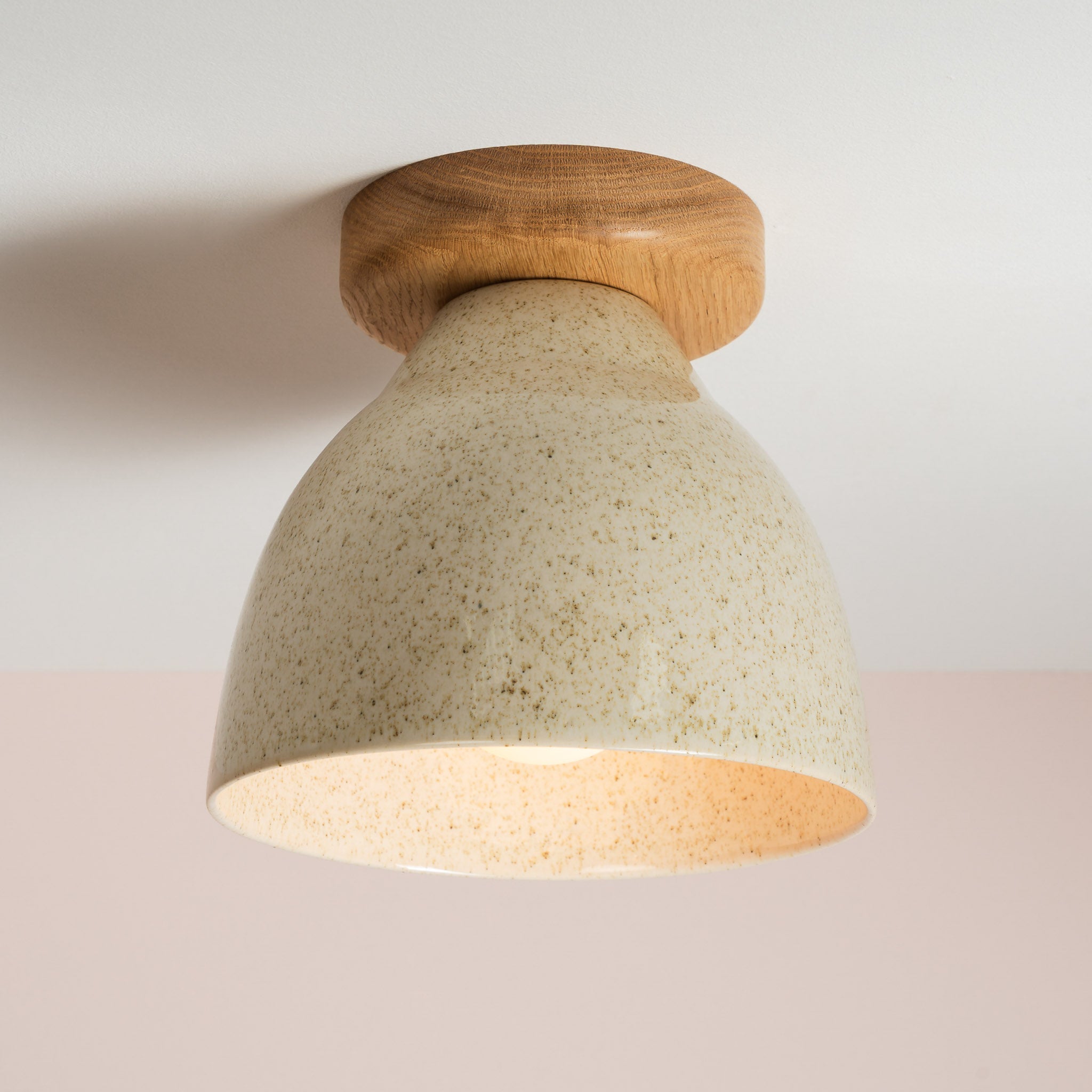 Speckled Cream Gloss Element Flush Mount Ceiling Light in Ceramic and Oak