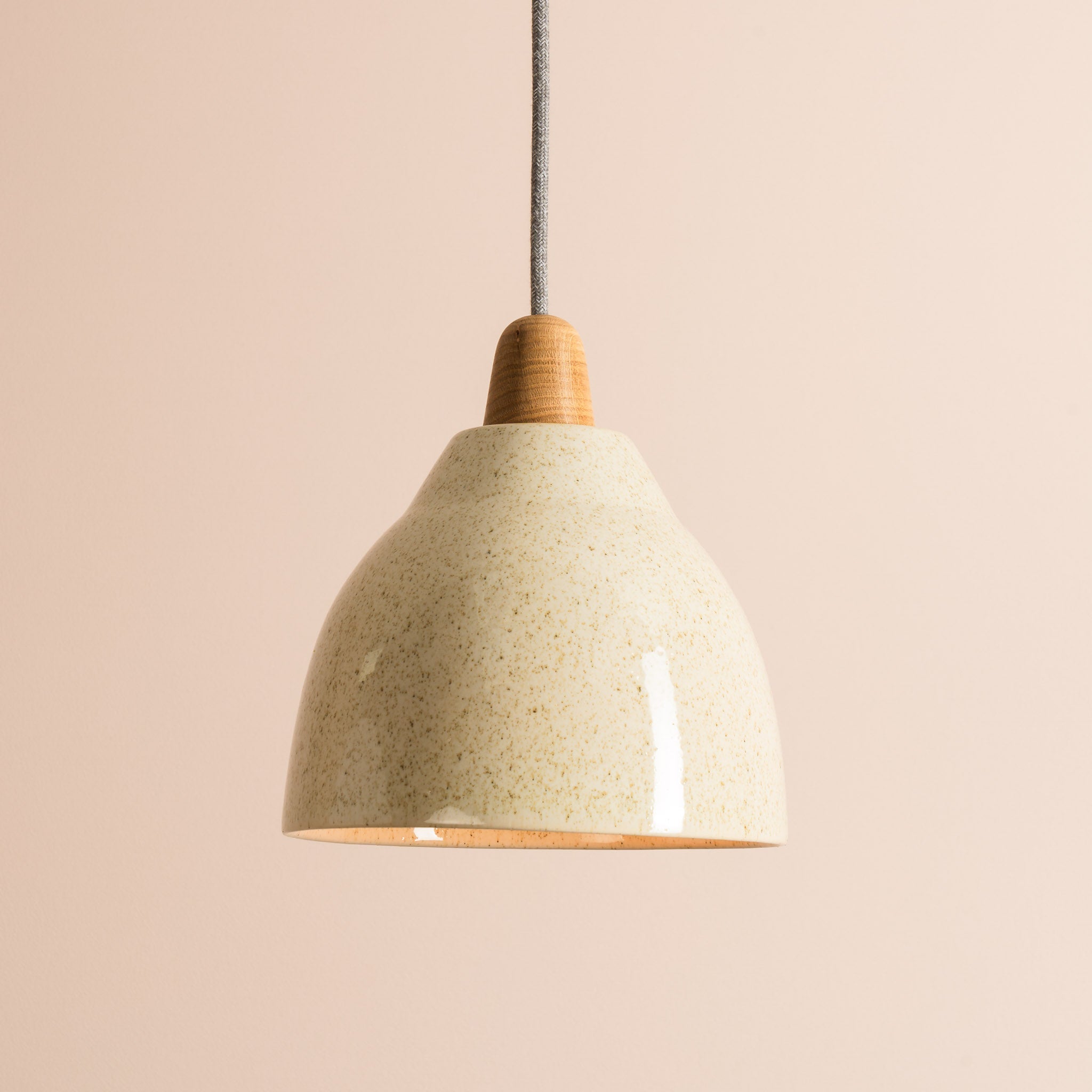 Speckled Cream Gloss Element Pendant Light in Ceramic and Oak