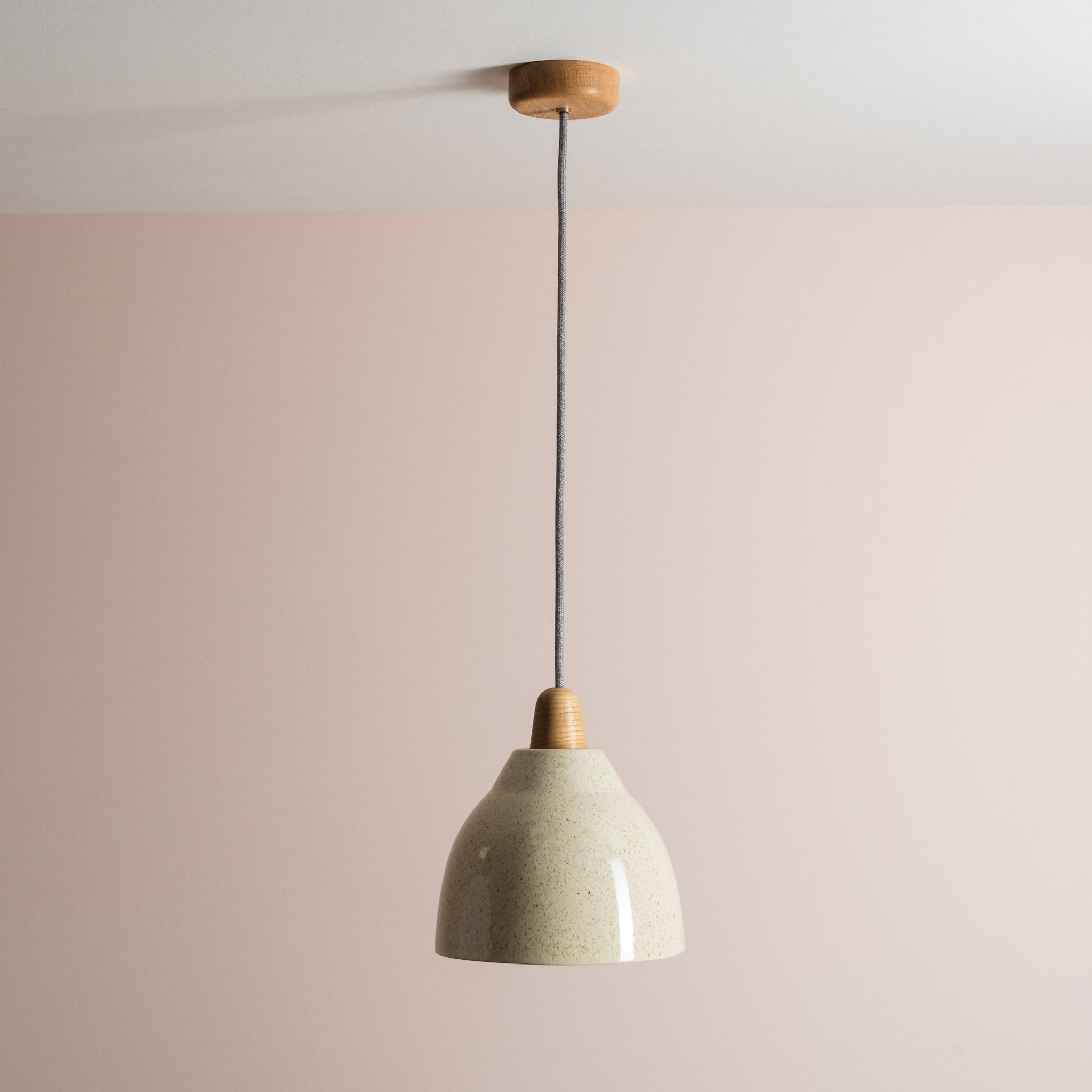 Speckled Cream Gloss Element Pendant Light in Ceramic and Oak
