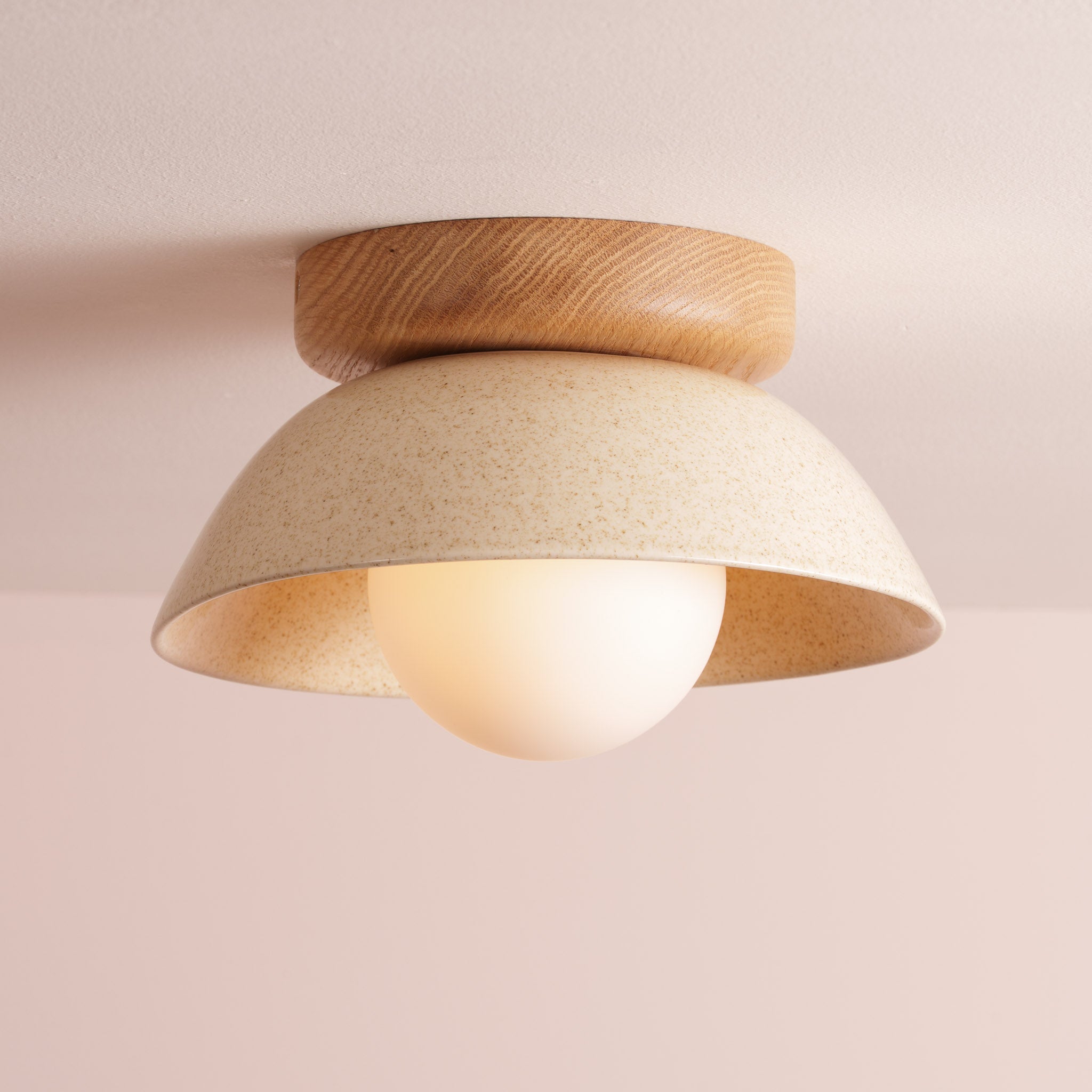 Speckled Cream Gloss Small Dawn Ceiling Light in Ceramic and Oak