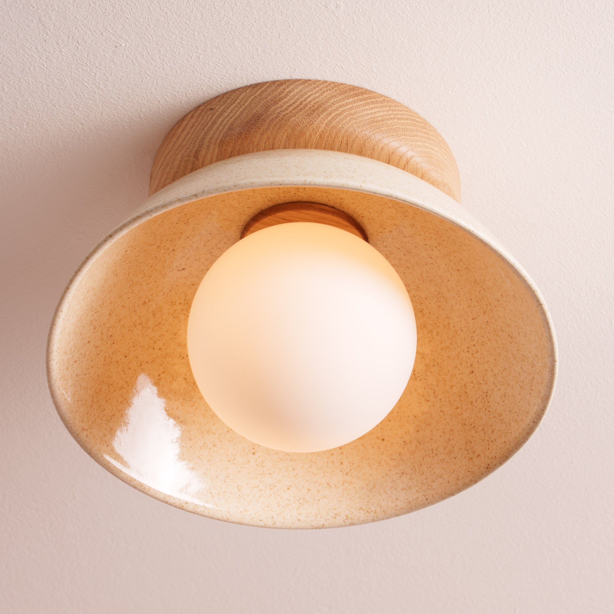 Speckled Cream Gloss Small Dawn Ceiling Light in Ceramic and Oak