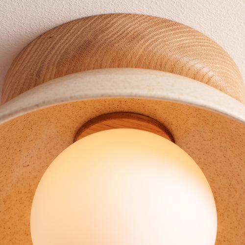 Speckled Cream Gloss Small Dawn Ceiling Light in Ceramic and Oak