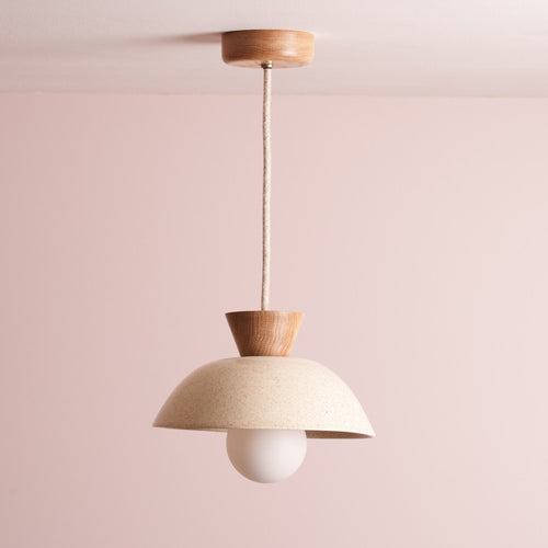 Speckled Cream Gloss Small Dawn Pendant Light in Ceramic and Oak