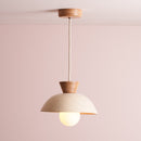 Speckled Cream Gloss Small Dawn Pendant Light in Ceramic and Oak