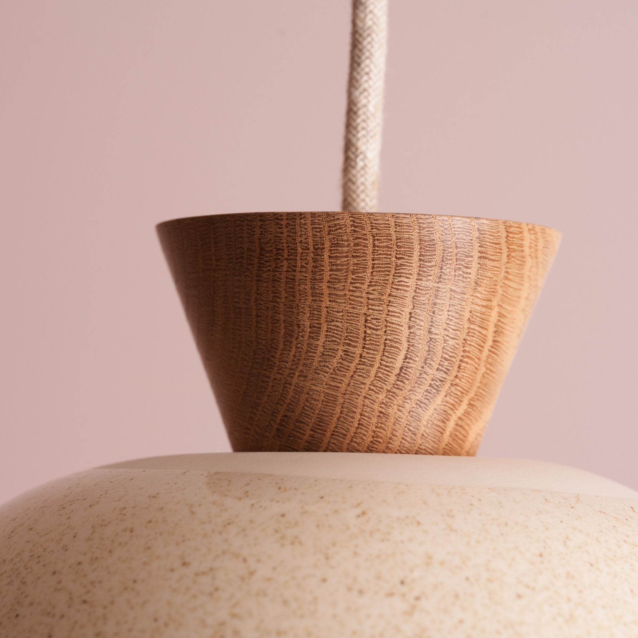 Speckled Cream Gloss Small Dawn Pendant Light in Ceramic and Oak