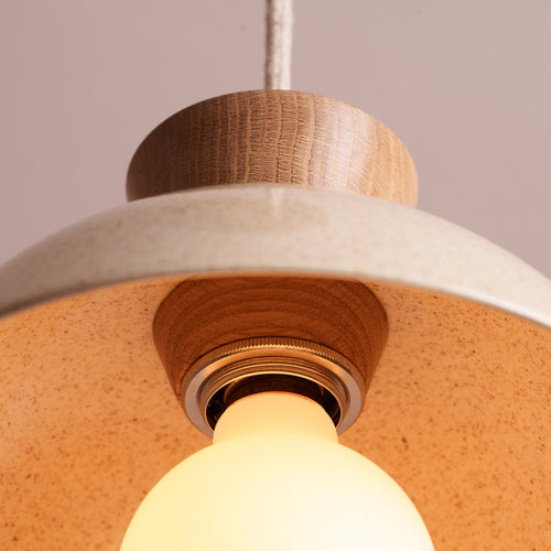 Speckled Cream Gloss Small Dawn Pendant Light in Ceramic and Oak