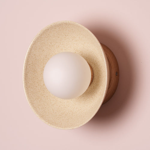 Speckled Cream Gloss Small Dawn Wall Light in Ceramic and Oak