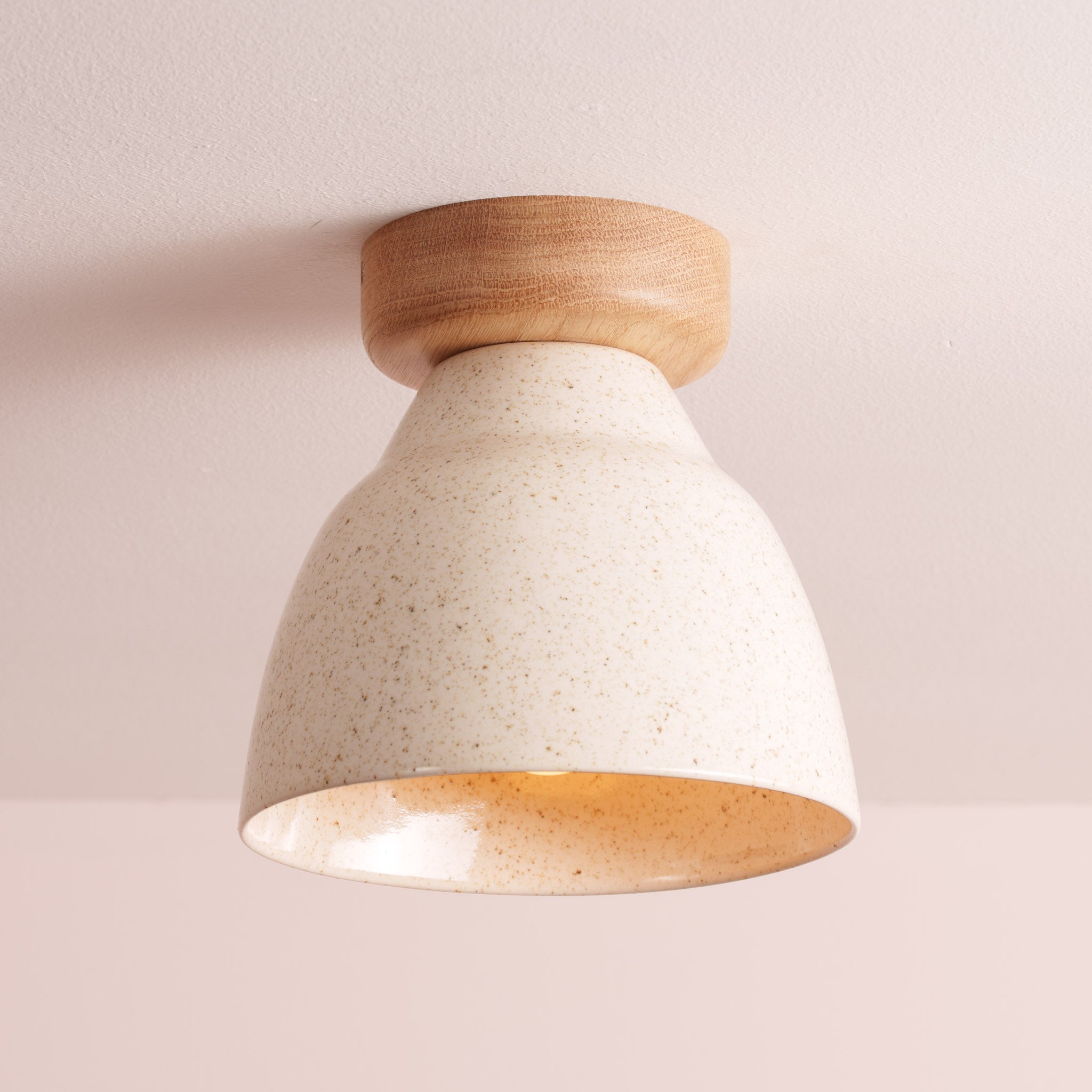 Speckled Cream Gloss Small Element Flush Mount Ceiling Light in Ceramic and Oak