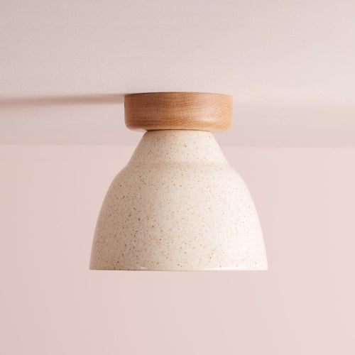 Speckled Cream Gloss Small Element Flush Mount Ceiling Light in Ceramic and Oak