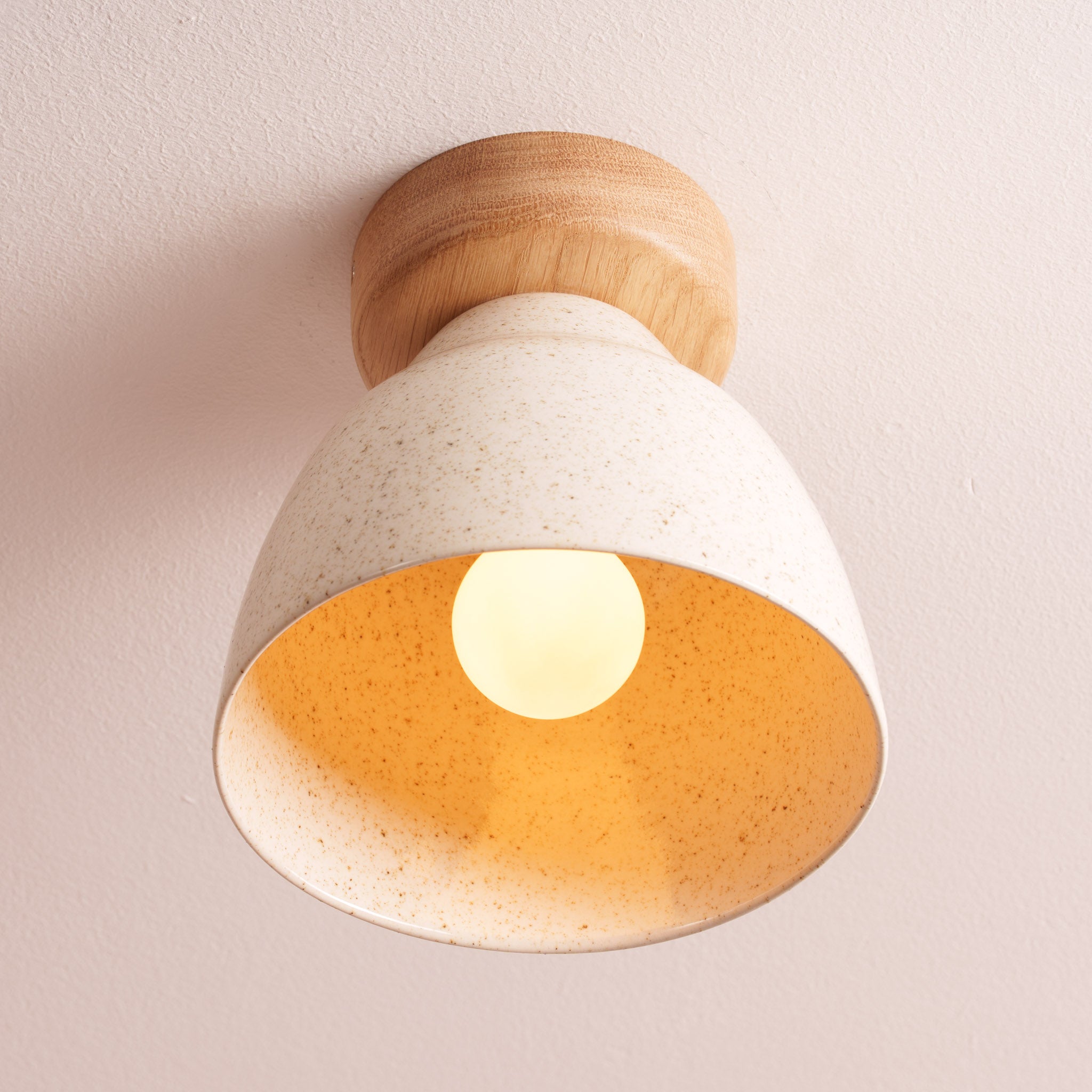 Speckled Cream Gloss Small Element Flush Mount Ceiling Light in Ceramic and Oak