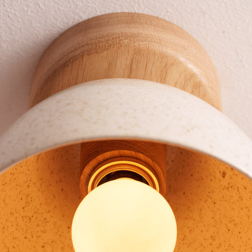 Speckled Cream Gloss Small Element Flush Mount Ceiling Light in Ceramic and Oak