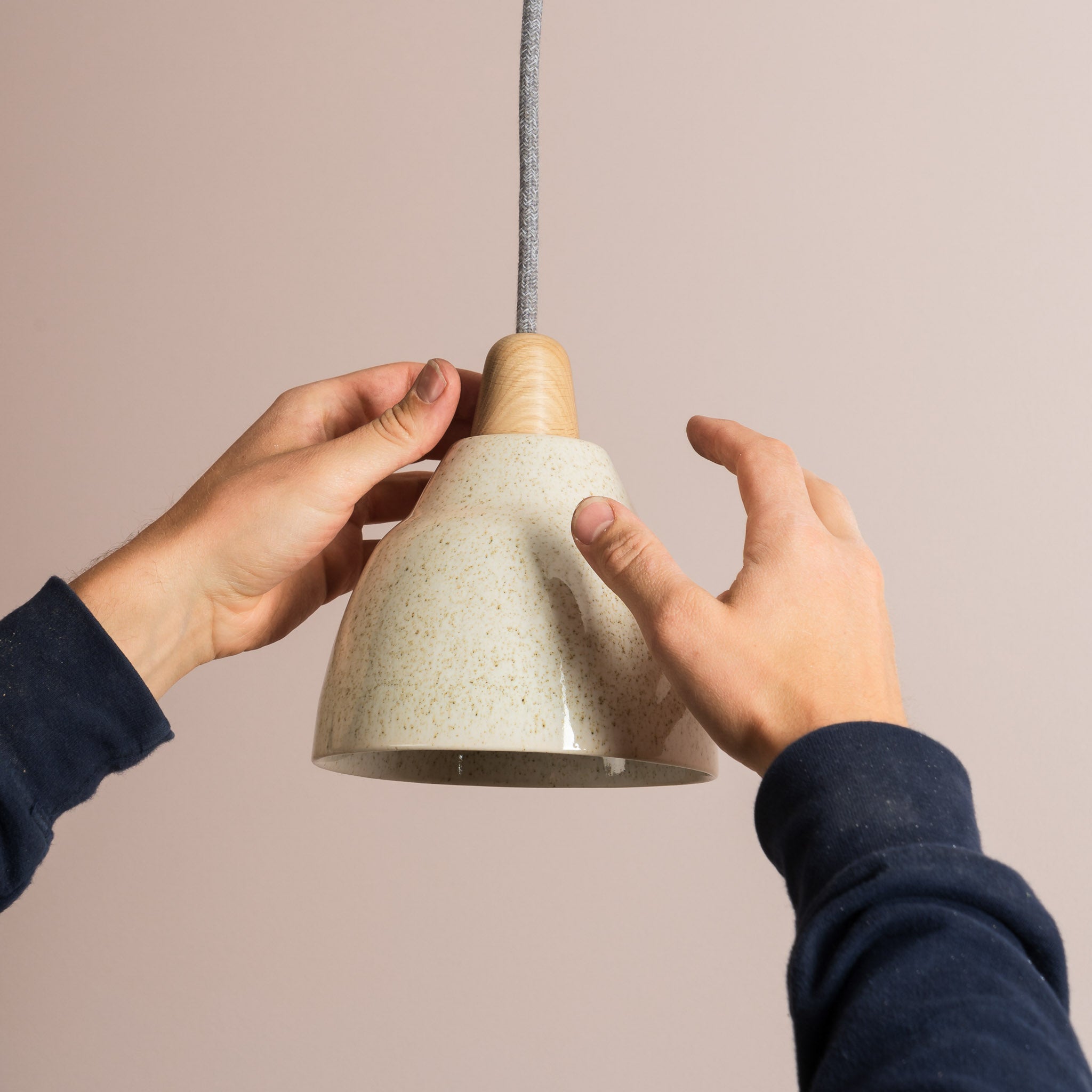 Small Speckled Cream Gloss Element Pendant Light in Ceramic and Oak
