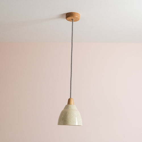 Small Speckled Cream Gloss Element Pendant Light in Ceramic and Oak