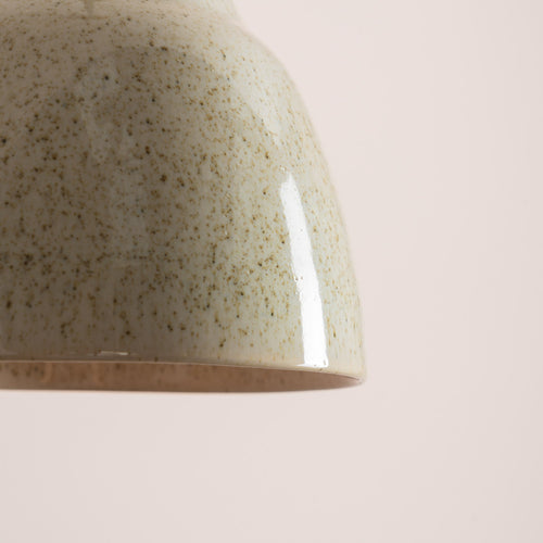 Small Speckled Cream Gloss Element Pendant Light in Ceramic and Oak