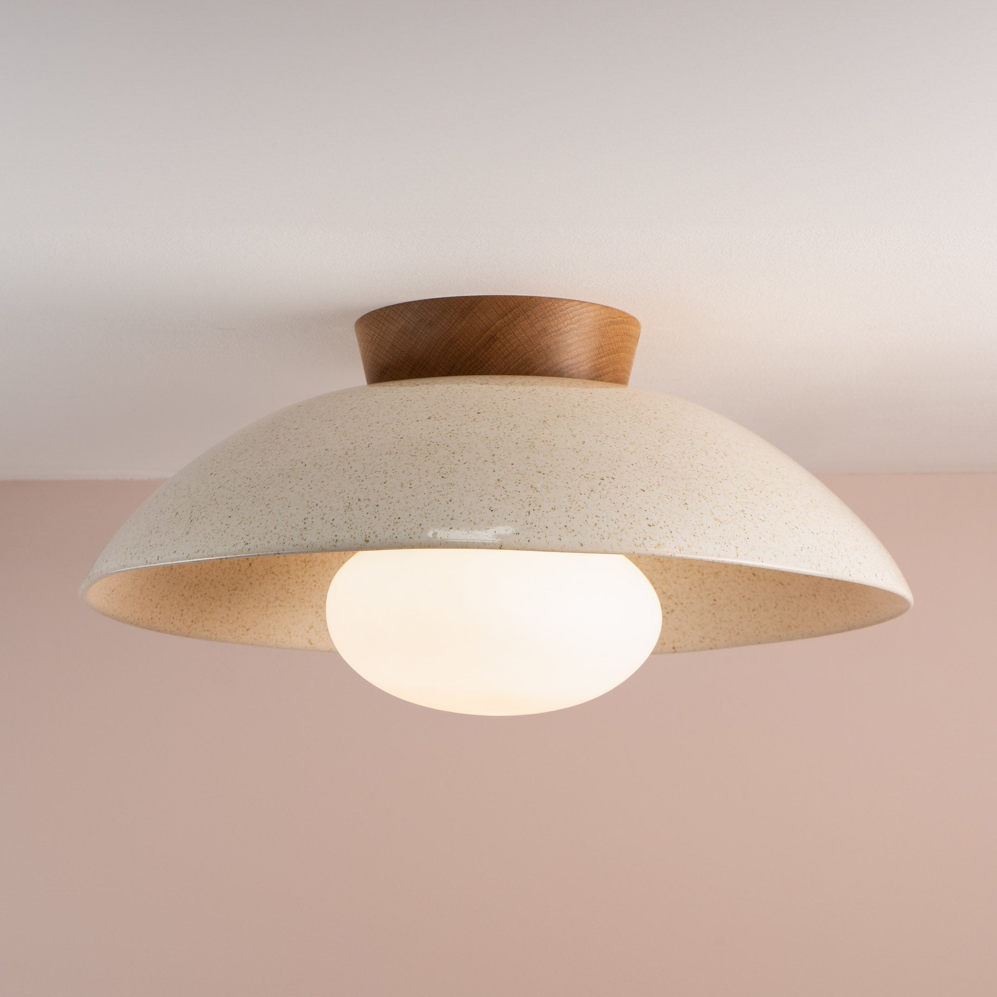 Speckled Cream Gloss XL Dawn Flush Mount Ceiling Light in Ceramic and Oak