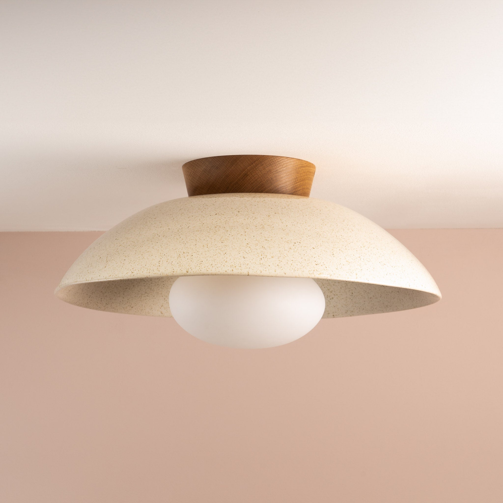 Speckled Cream Gloss XL Dawn Flush Mount Ceiling Light in Ceramic and Oak