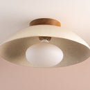 Speckled Cream Gloss XL Dawn Flush Mount Ceiling Light in Ceramic and Oak