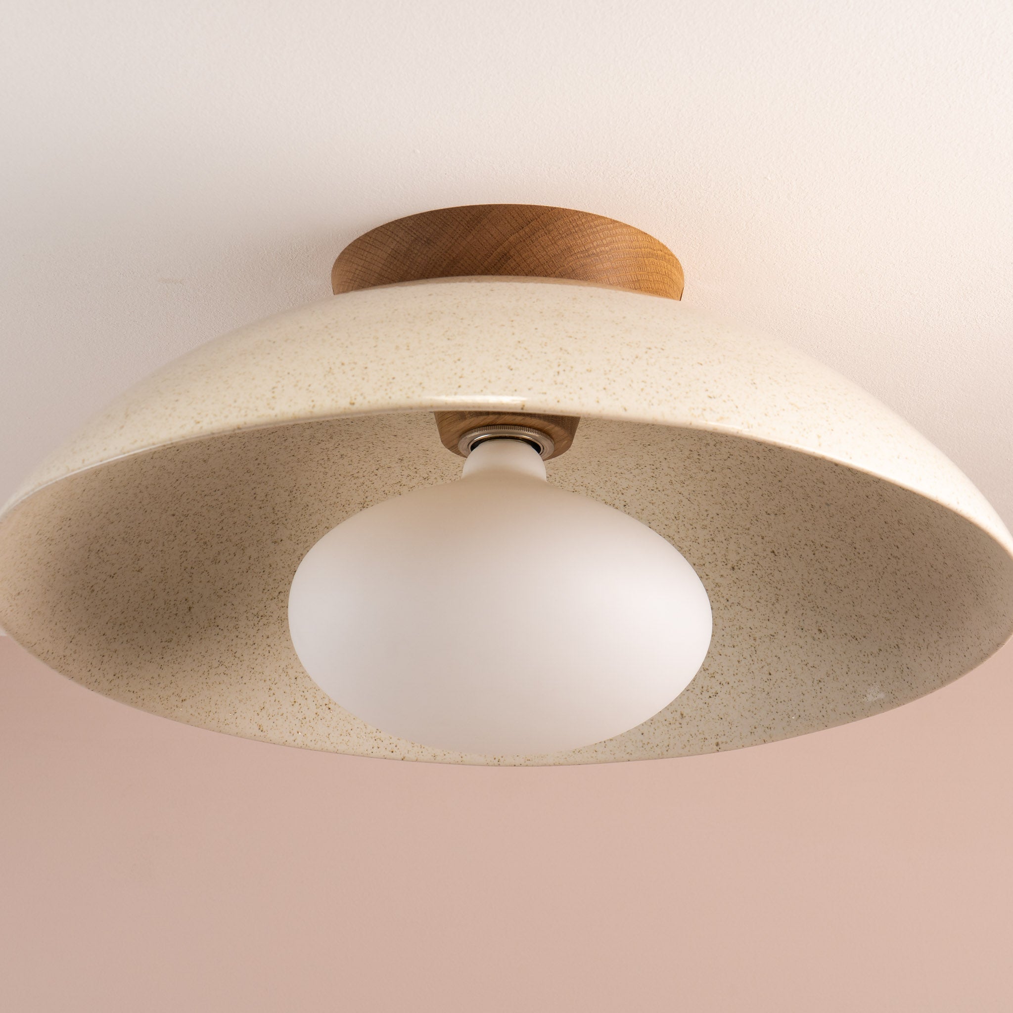 Speckled Cream Gloss XL Dawn Flush Mount Ceiling Light in Ceramic and Oak