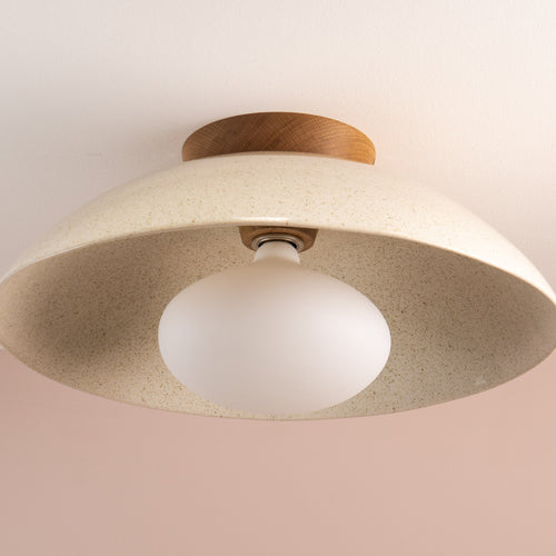 Speckled Cream Gloss XL Dawn Flush Mount Ceiling Light in Ceramic and Oak