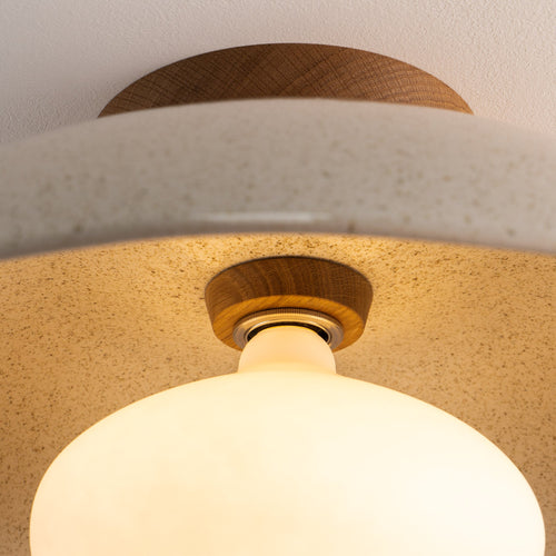 Speckled Cream Gloss XL Dawn Flush Mount Ceiling Light in Ceramic and Oak