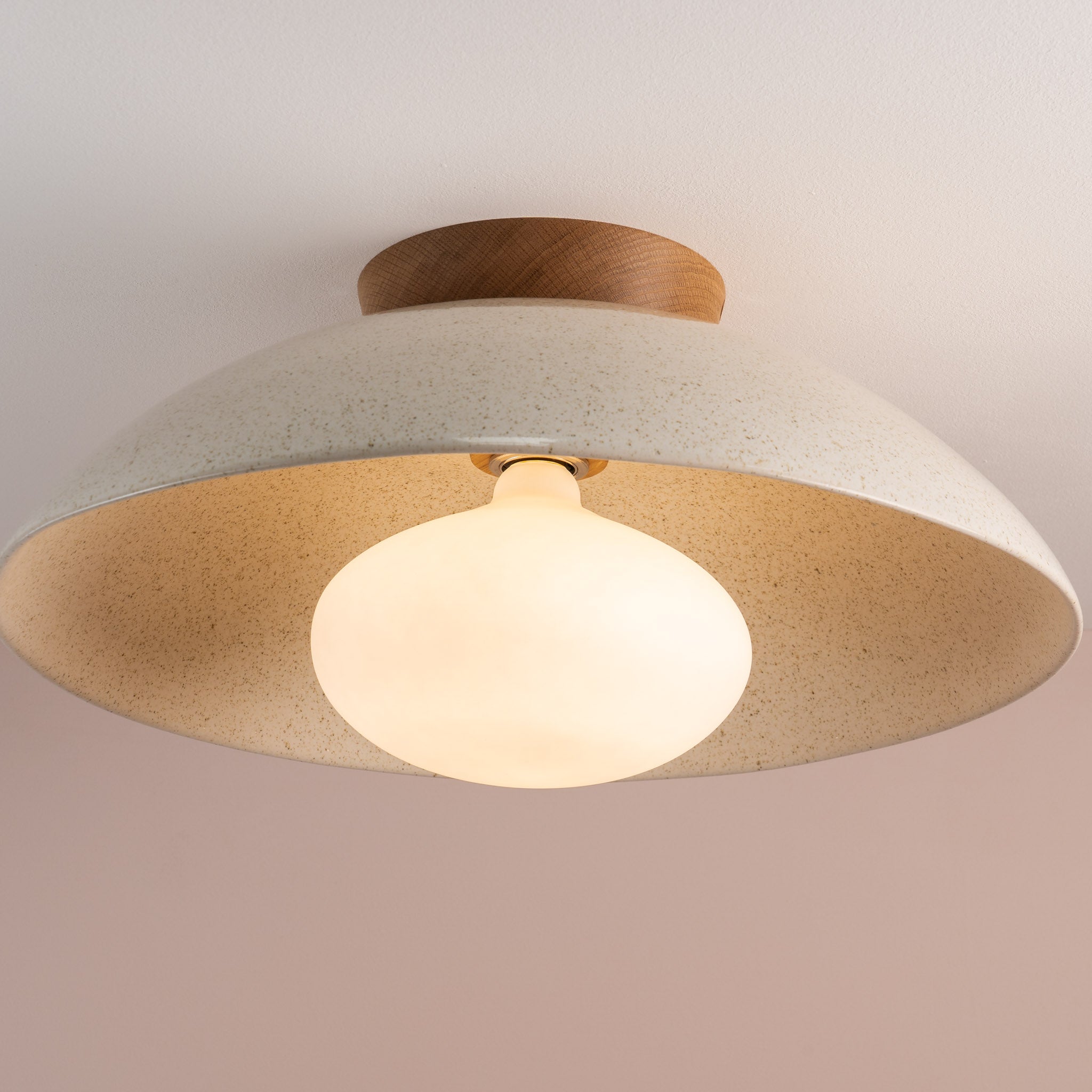 Speckled Cream Gloss XL Dawn Flush Mount Ceiling Light in Ceramic and Oak