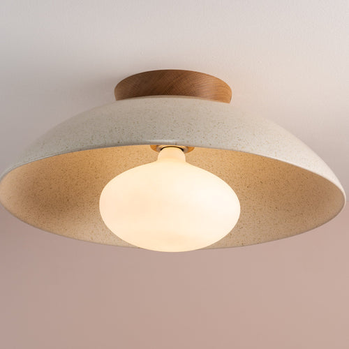 Speckled Cream Gloss XL Dawn Flush Mount Ceiling Light in Ceramic and Oak
