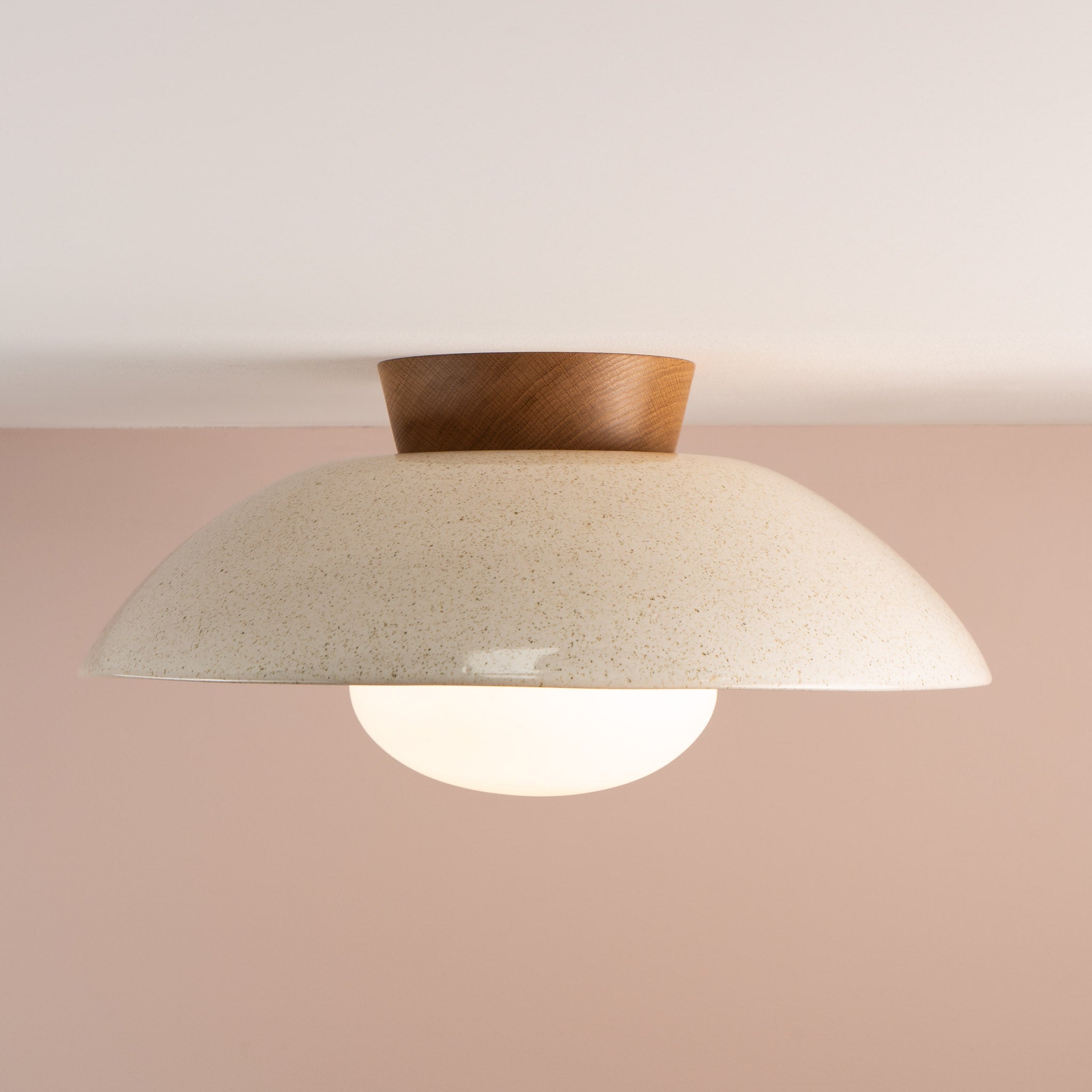 Speckled Cream Gloss XL Dawn Flush Mount Ceiling Light in Ceramic and Oak
