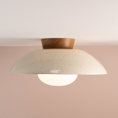 Speckled Cream Gloss XL Dawn Flush Mount Ceiling Light in Ceramic and Oak