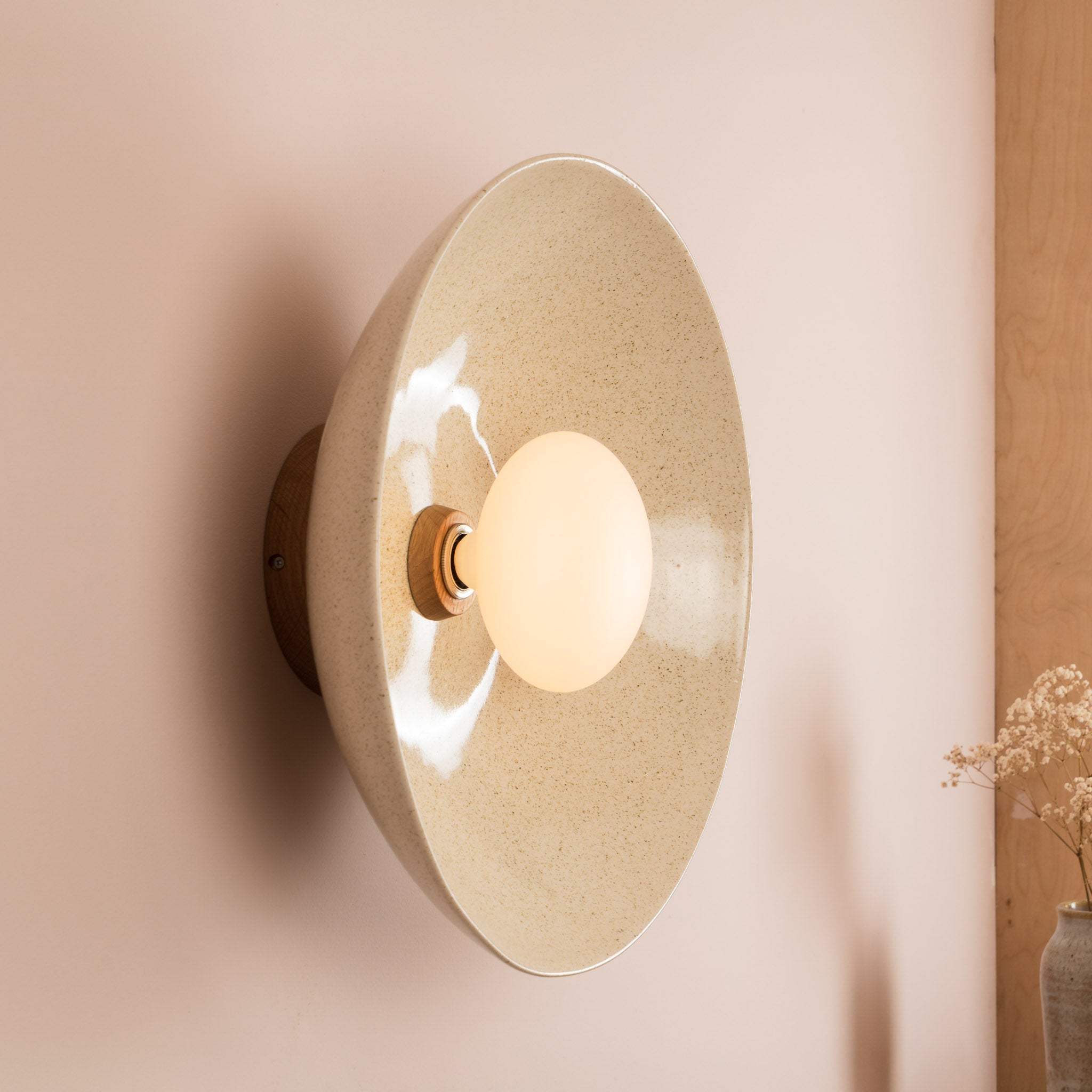 Speckled Cream Gloss XL Dawn Wall Light Sconce in Ceramic and Oak