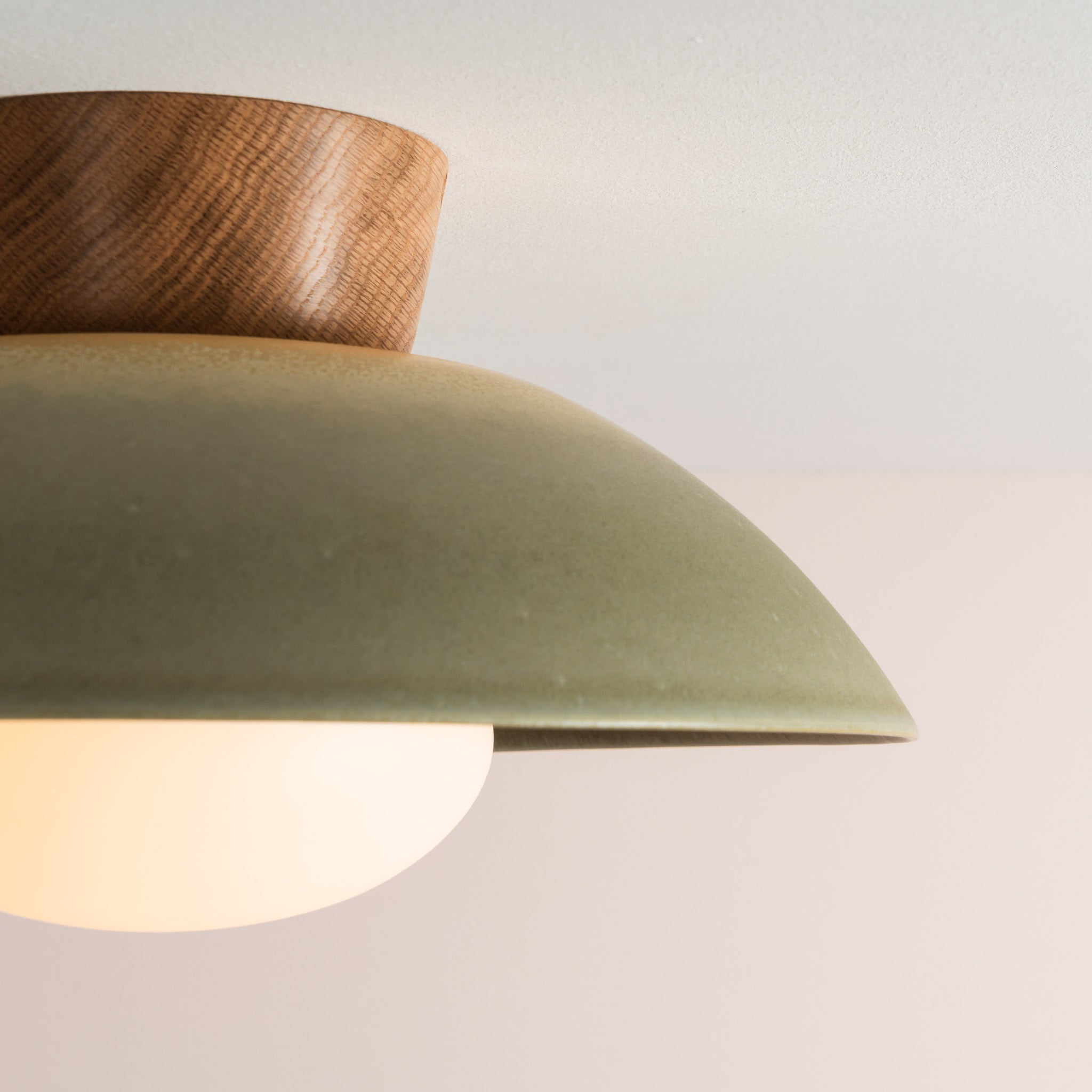Green Dawn Flush Mount Ceiling Light in Ceramic and Oak