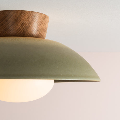 Green Dawn Flush Mount Ceiling Light in Ceramic and Oak