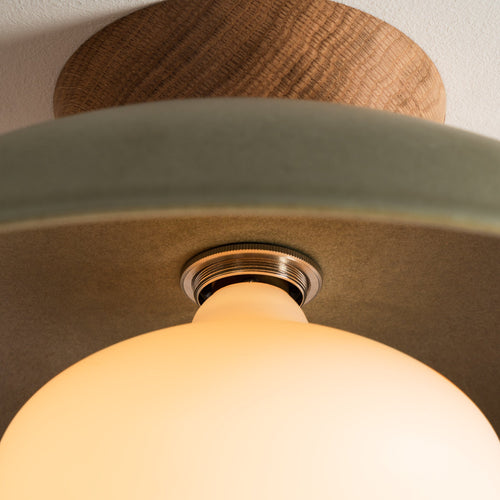 Green Dawn Flush Mount Ceiling Light in Ceramic and Oak